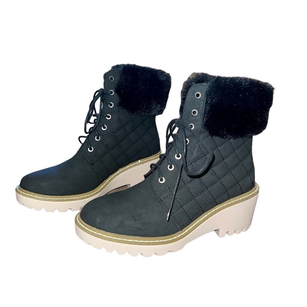 NEW Nicole Miller Faux Fur Cuff Wedge Ankle Boot Black - Picture 2 of 4